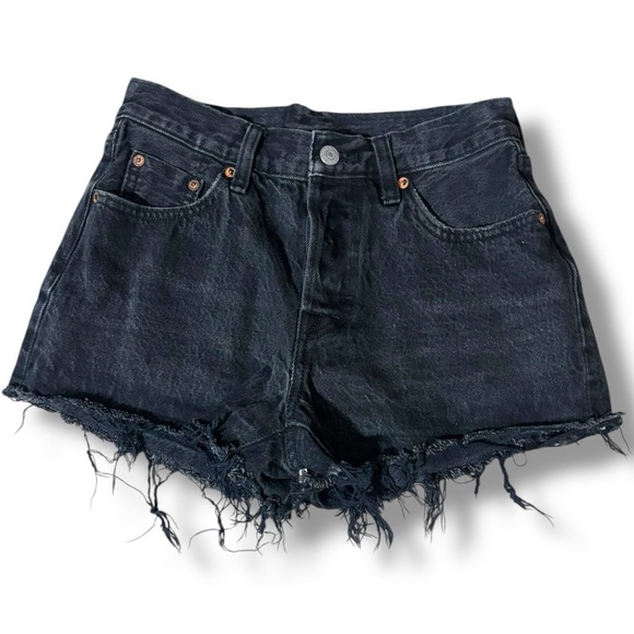 Levi’s 501 Classic Black Denim Distressed Frayed Raw Hem Jean Short Shorts - Picture 10 of 14
